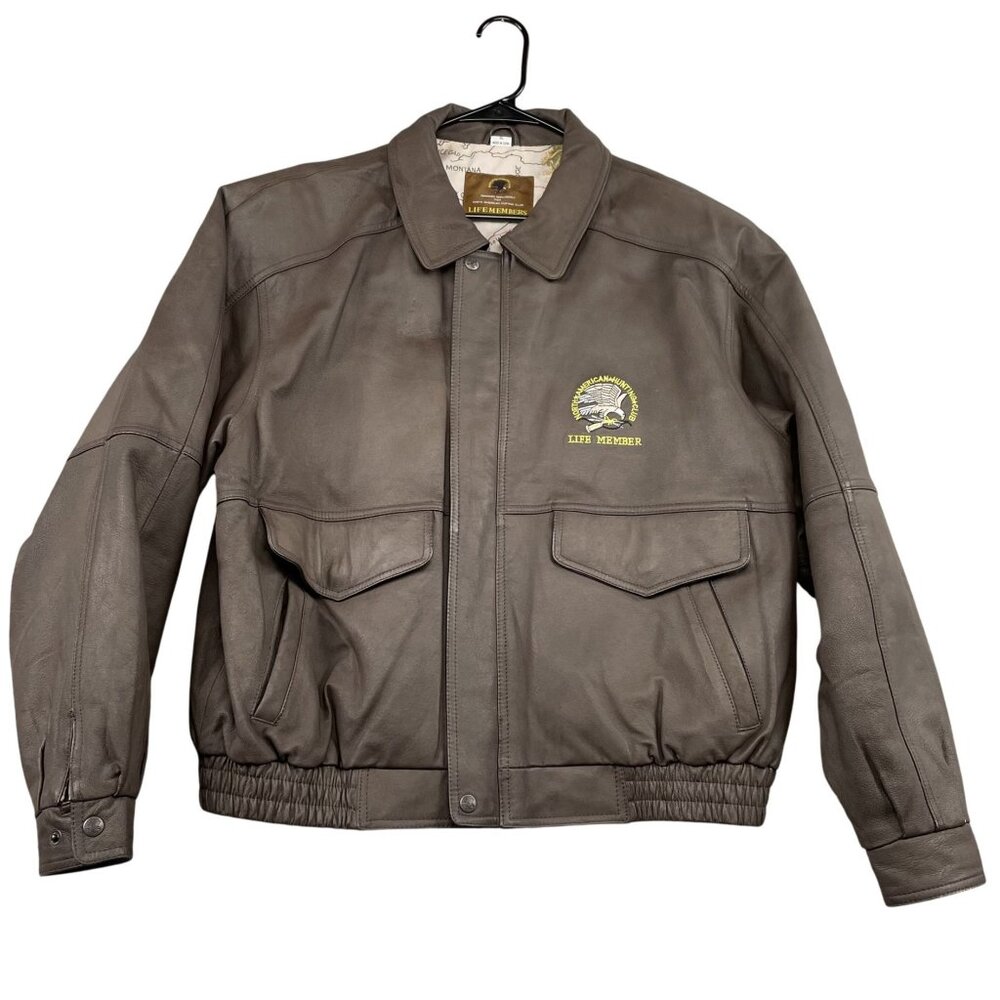 North American Hunting Club Life Member Leather Jacket Mens XL Brown Bomber